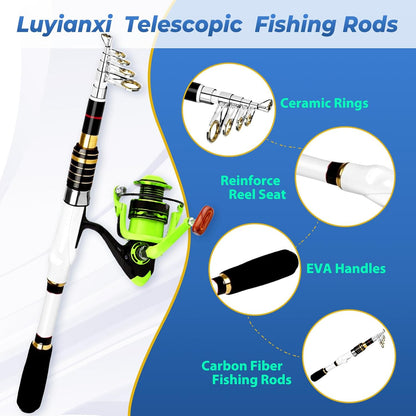 Telescopic Fishing Rod and Reel Combo, 2PACK 5.9FT 6.89FT Carbon Fiber Travel Rod, 2 Collapsible Spinning Reels, 2 100m Line, Carrier Bag and Carrier Bag Lures Kit for Adults Beginners