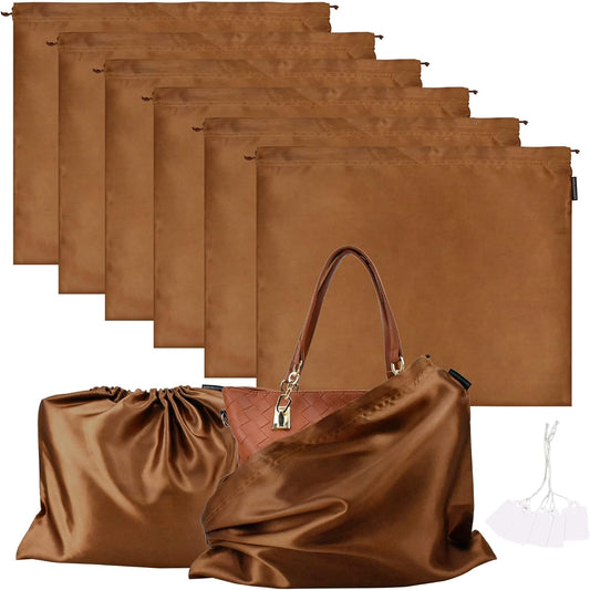 6 Pack Dust Bags for Handbags Silk Dust Cover Bag for Handbags Purses Shoes Boots, Silk Dustproof Drawstring Bag Travel Storage Pouch (Brown, 23.6 × 19.6 in)