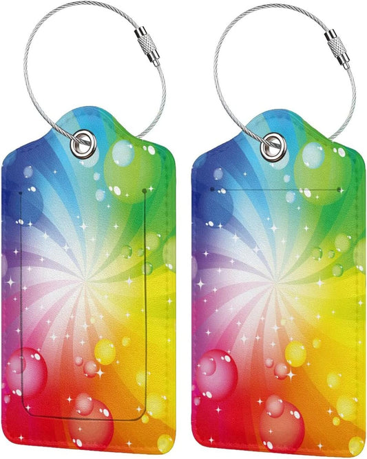 Pretty Colorful Rainbow Luggage Tags for Suitcases Women Girls Kids Adults, 2 Pack Leather Tags for Baggage Travel Backpack Bag, Identifiers Labels with Privacy Cover Name ID Card Stainless Steel Loop