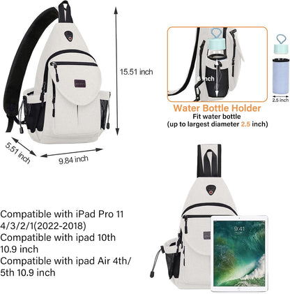 MOSISO Sling Backpack,Canvas Crossbody Hiking Daypack Bag with Anti-theft Pocket, Pearl White