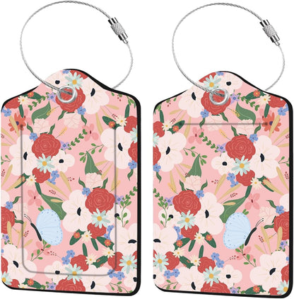 2 Pack Floral Luggage Tag for Suitcase, Pink Luggage Tags PU Leather Suitcase Tags Identifiers Stainless Steel Loop ID Bag Tags Card Baggage Bag Label