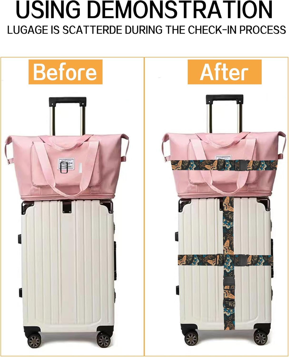 Luggage Straps for Suitcases, Adjustable Travel Belt, Durable Wide Luggage Strap, Cute Suitcase Strap Identifiers with Buckle, Bag Straps for Luggage, Boho Butterfly