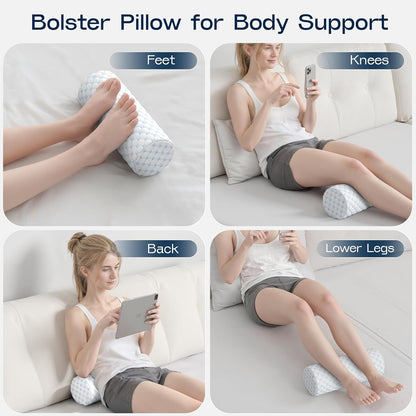 Neck Roll Pillow for Neck Pain Relief - Memory Foam Neck Support Pillow for Bed | Round Neck Pillow for Sleeping, 16 * 6.3 * 6.3inch (Cool-Blue)