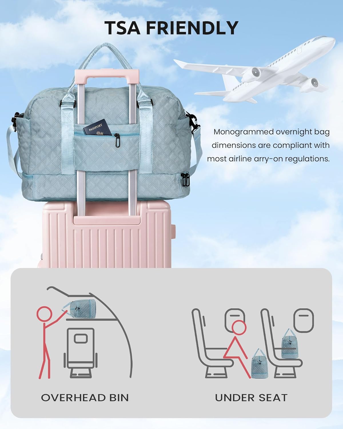 Voguewood Girl Duffle Bag for Tweens with Shoe Compartment, Monogrammed Overnight Travel Bag for Women, Including Wet Pocket & Trolley Sleeve (Letter K)