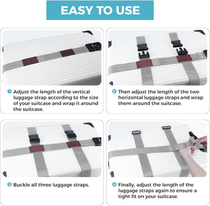 Luggage Straps with TSA Lock, Adjustable Heavy Duty Grey Luggage Straps for Suitcase with Reinforced Buckles, Cross Luggage Strap TSA Approved Combination Locks with Name Tags for Travel & Trip