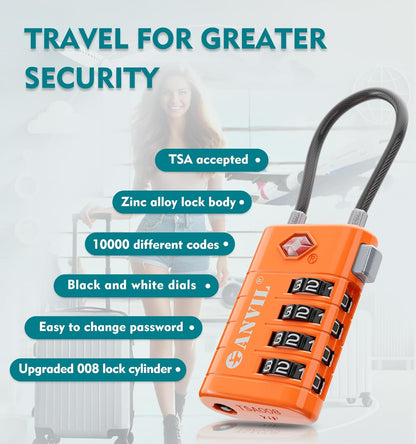 ANVIL 4 Digit Luggage Locks, TSA Locks for Luggage, Advanced TSA008 core, Alert Indicator for Your Travel Lock, Suitcase Lock. (3, Orange)
