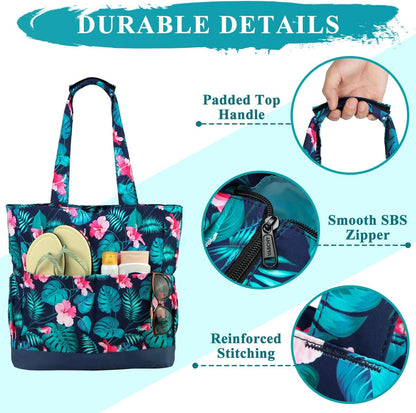 VASCHY Beach Bag for Women, Large Waterproof Sandproof Fold-able Packable Pool Tote Bag w Zipper/Pockets