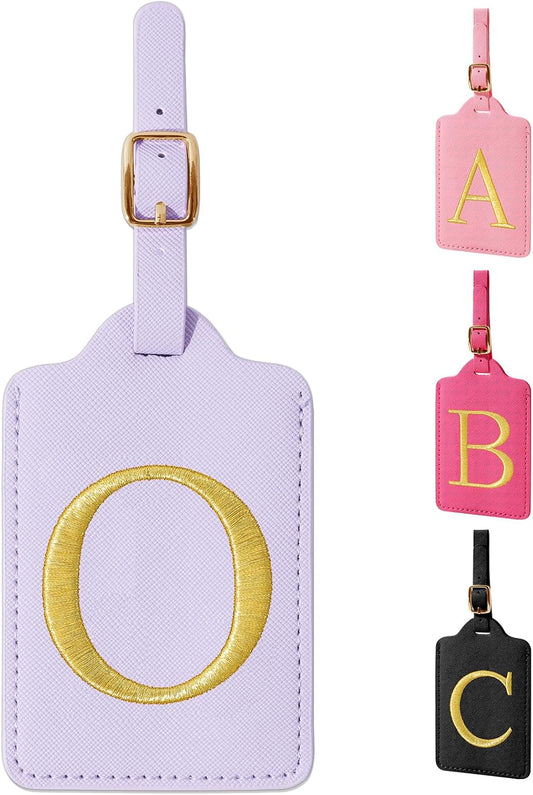 Personalized Initial Luggage Tags for Suitcase, Purple Leather Cute Luggage Tags with Privacy Cover Name Card, Embroidered Custom Monogrammed Luggage Tag Travel Backpack Tags Gifts for Women Kids(O)