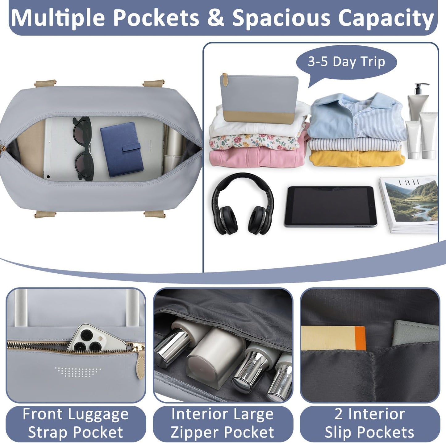 Travel Duffle Bag for Women, Weekender Bags,Hospital Bag for Labor Delivery,Lightweight Tote Duffel Overnight Bag with Luggage Sleeve,Airplane Travel Bags with Toiletry Bag,Large,Light Blue