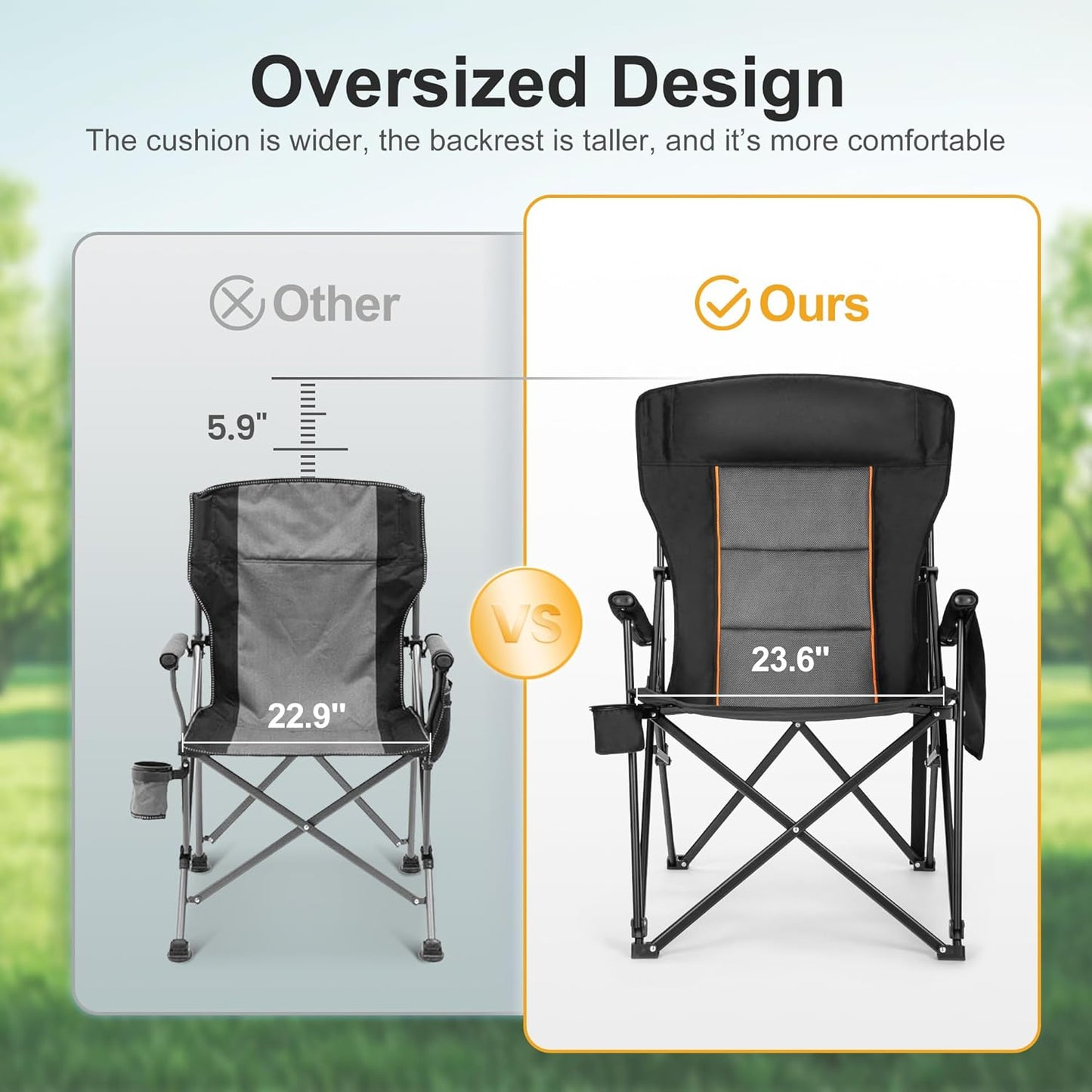 LET'S CAMP Oversized Camping Chairs 29.52" High Back Heavy Duty Lawn Chair Support 500LBS, Portable Collapsible Chair with Cup Holder, Side Pocket(Black)