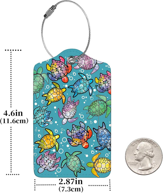 2 Pcs Luggage Tags for Suitcase, Cute Unique PU Leather Travel Bag Tag with Privacy Cover ID Label Address Card and Durable Metal Ring Suitable for Men Women Children Backpack,Gradient Color Turtle
