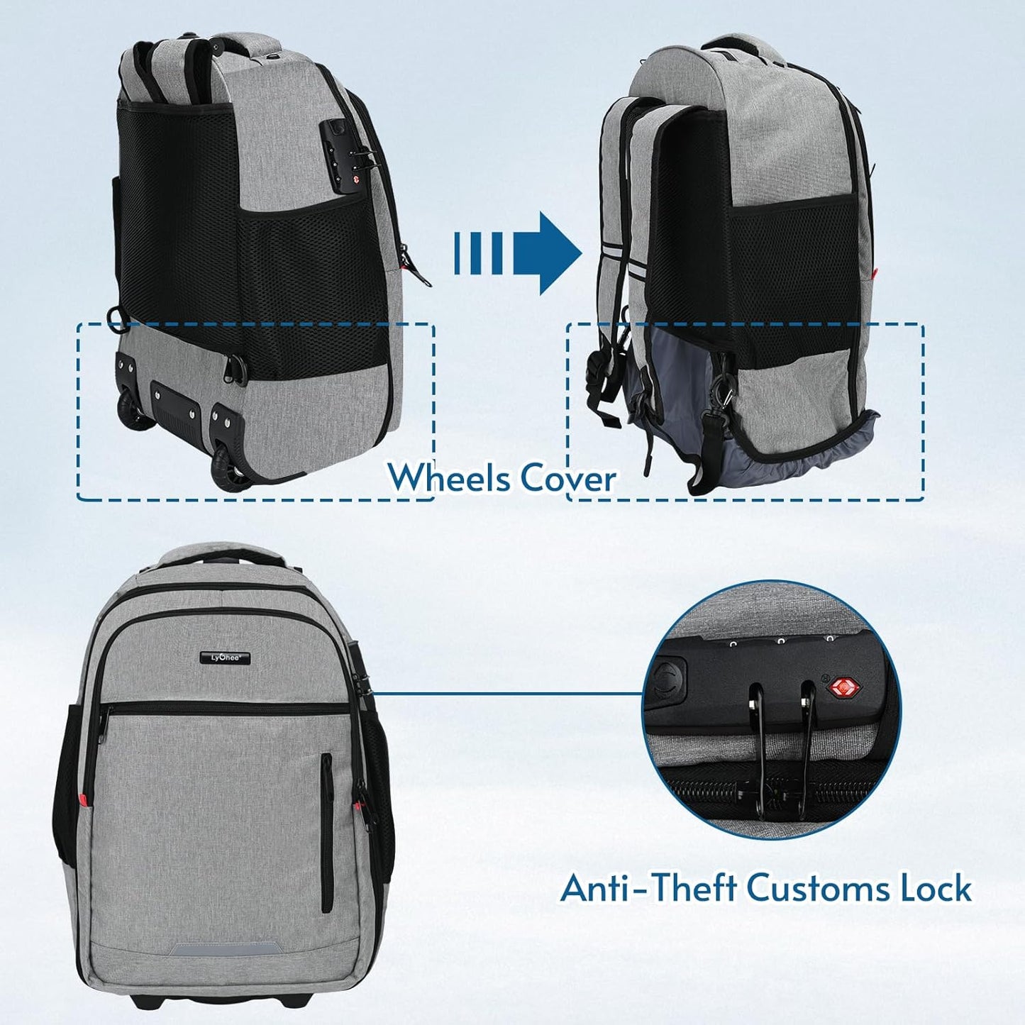 lychee Concealable Rolling Backpack-Adult Business Laptop Backpack with Wheels-20 inch Invisible Shoulder Strap Waterproof Backpack with Roller-Suitcase Travel Bag,Grey