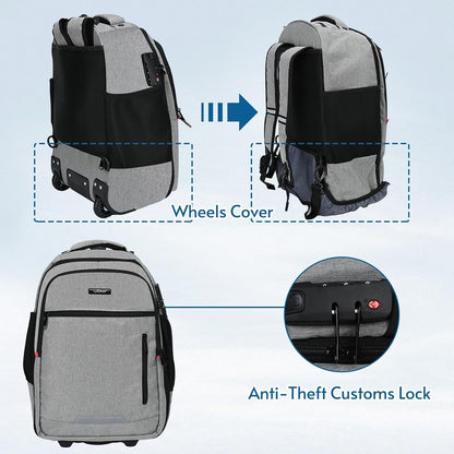 lychee Concealable Rolling Backpack-Adult Business Laptop Backpack with Wheels-20 inch Invisible Shoulder Strap Waterproof Backpack with Roller-Suitcase Travel Bag,Grey