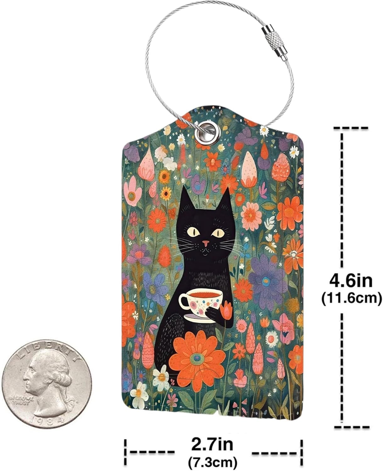 2 Pack Luggage Tag for Suitcase, Cute Unique Leather Bag Tags Identifiers Privacy Cover ID Label with Durable Steel Loop for Women Men Kids Girls Travel, Black cat Flower