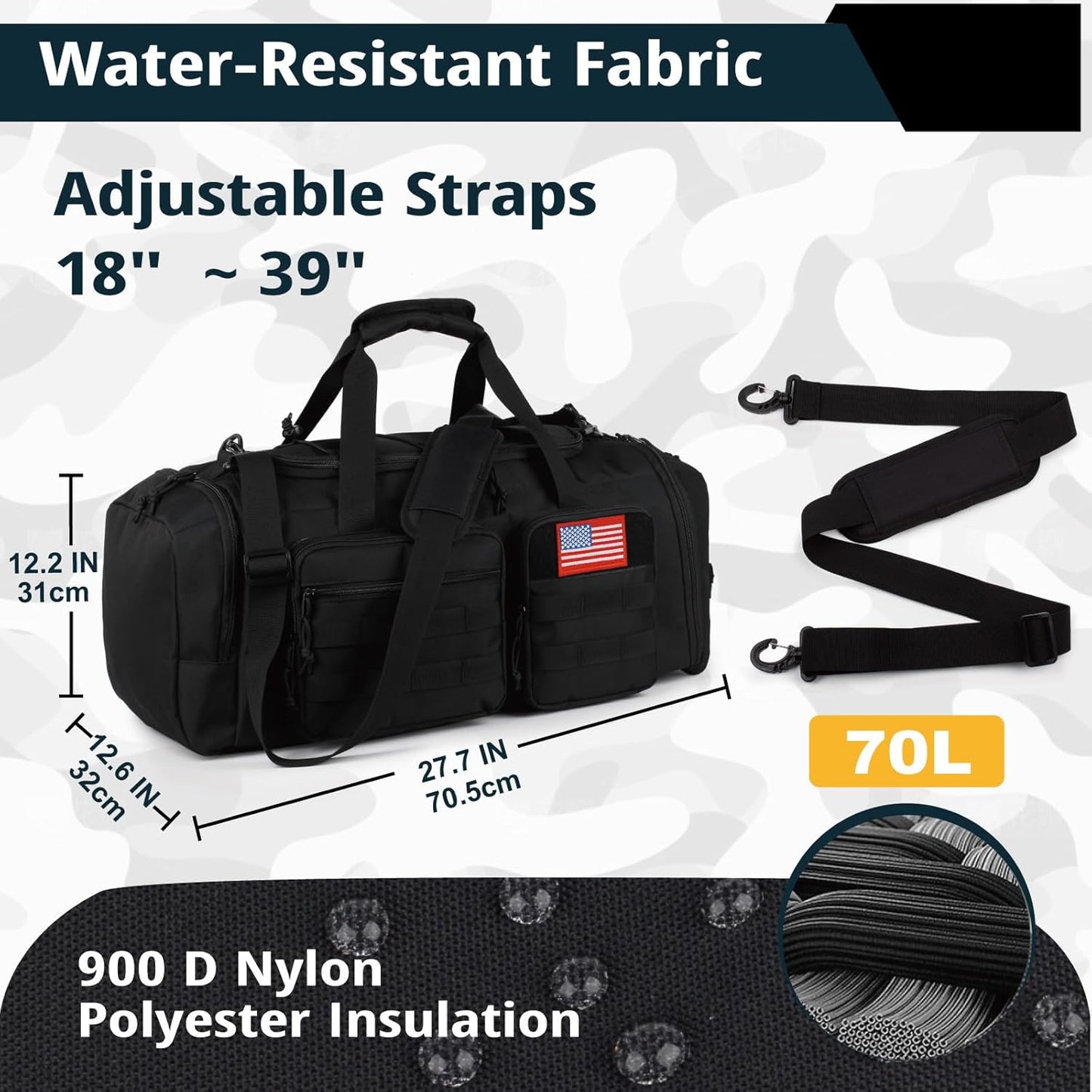 Tactical Gym Bag for Men，70L Large 3 in 1 Sports Duffle Bag with Shoes Compartment for Travel,Water Resistant Travel Backpack Weekender Overnight Bag with Wet Pocket for Women