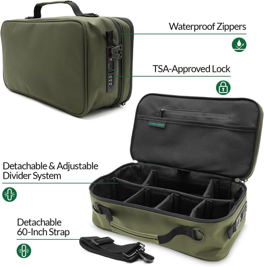 Large Storage Case with TSA Combination Lock Bag, Portable Carbon Lined, XL Medicine Lockable Box for Travel & Home Secured Box Organizer Divider Jars Accessories, Removable Tray (Green)