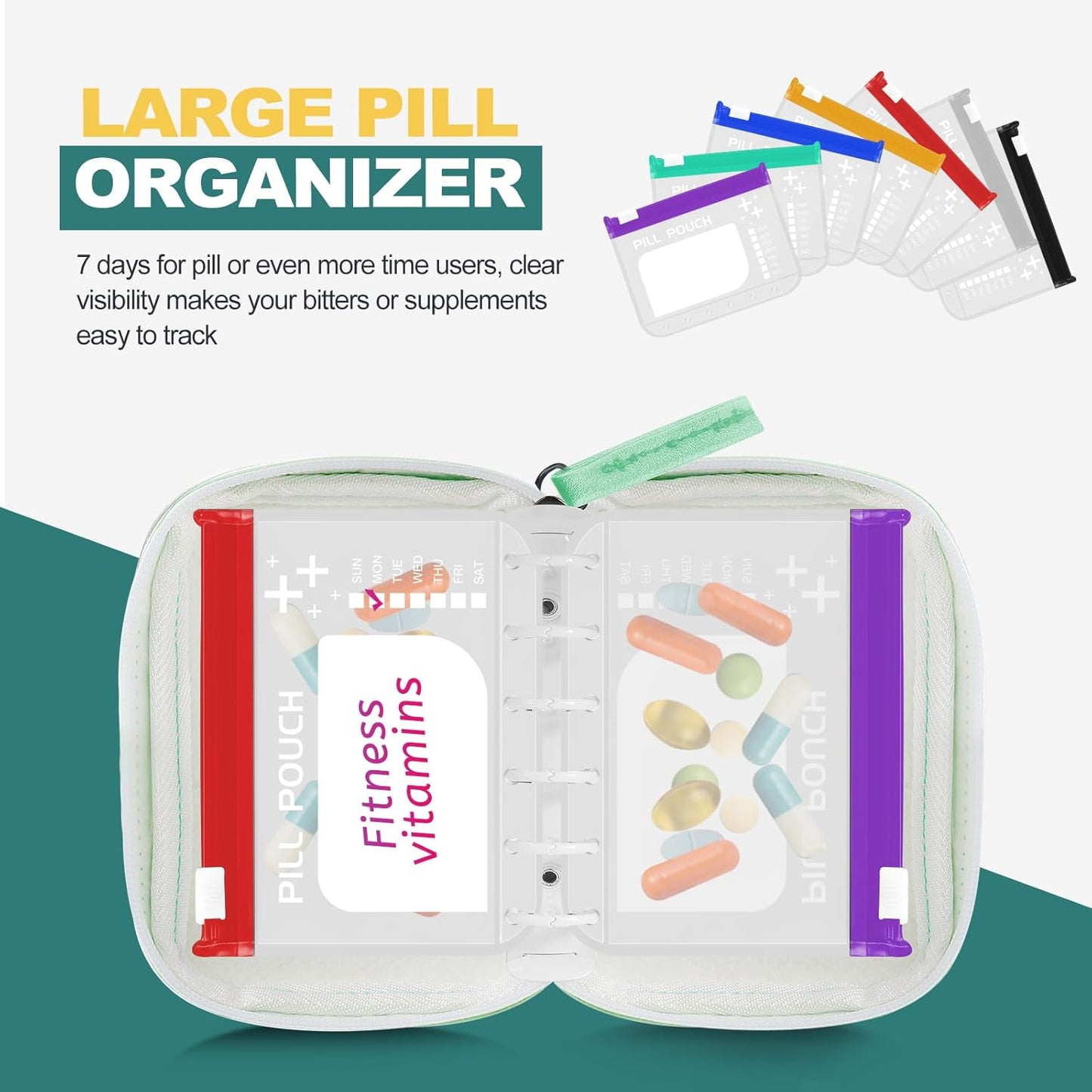 A7-L Water-Proof Pill Pouch Set， Large Pill Organizer, BPA Free, A7-L Pill Loose-Leaf Storage with Color-Coded Medicine Pouches, Reusable Travel Medicine Organizer， Zippered Pill Organizers Weekly