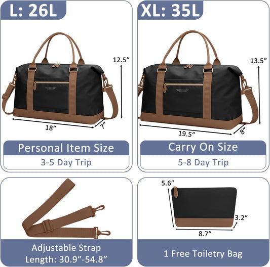 Travel Duffle Bag for Women, Weekender Bags, Hospital Bag for Labor Delivery, Lightweight Tote Duffel Overnight Bag with Luggage Sleeve, Airplane Travel Bags with Toiletry Bag, Large, Black