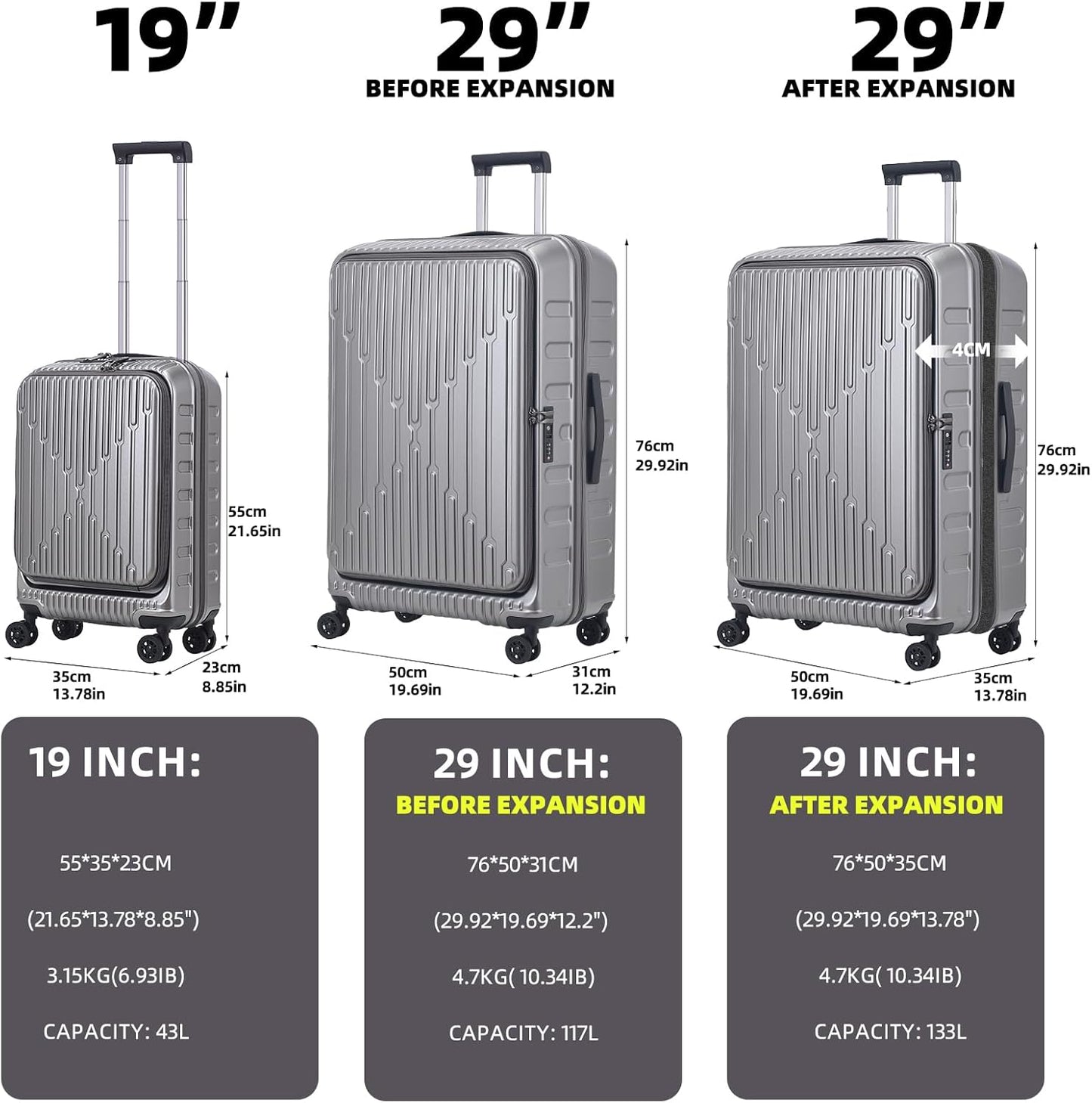 2 Pieces 19/29 Luggage Sets, 19 Inch Carry On Luggage with Front Pocket & 29 Inch Side Opening Suitcase, Ligthweight ABS+PC Hardshell, Gray