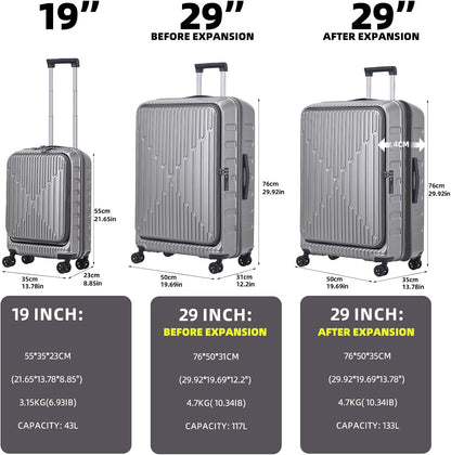 2 Pieces 19/29 Luggage Sets, 19 Inch Carry On Luggage with Front Pocket & 29 Inch Side Opening Suitcase, Ligthweight ABS+PC Hardshell, Gray