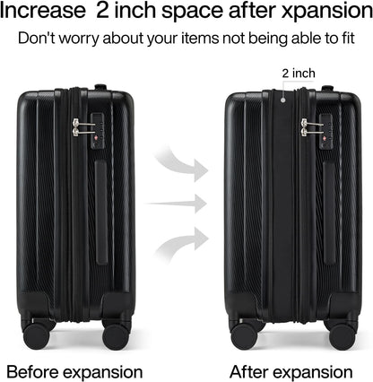 Hanke 24 Inch Expandable Checked Luggage Lightweight PC Hard Shell luggage Suitcases with Wheels Travel Luggage Rolling Large Suitcase Travel Luggage Bag for Go To University.(Jet Black)