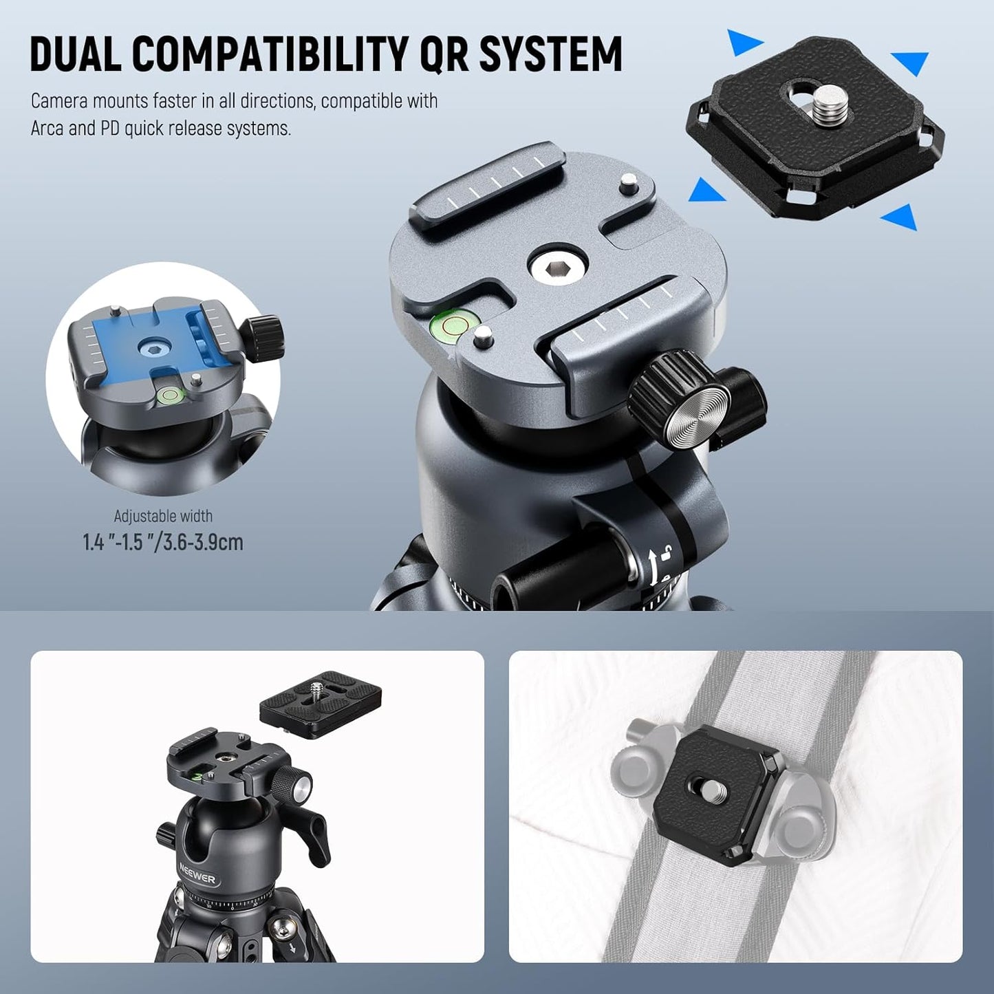 NEEWER LITETRIP LT38 61" Travel Tripod Carbon Fiber for Camera, 360° Pan Tilt Low Profile Ball Head, Flexible Center Axis, Arca QR Plate Compatible with Peak Design Tripod Clip V3, Max Load 22lb