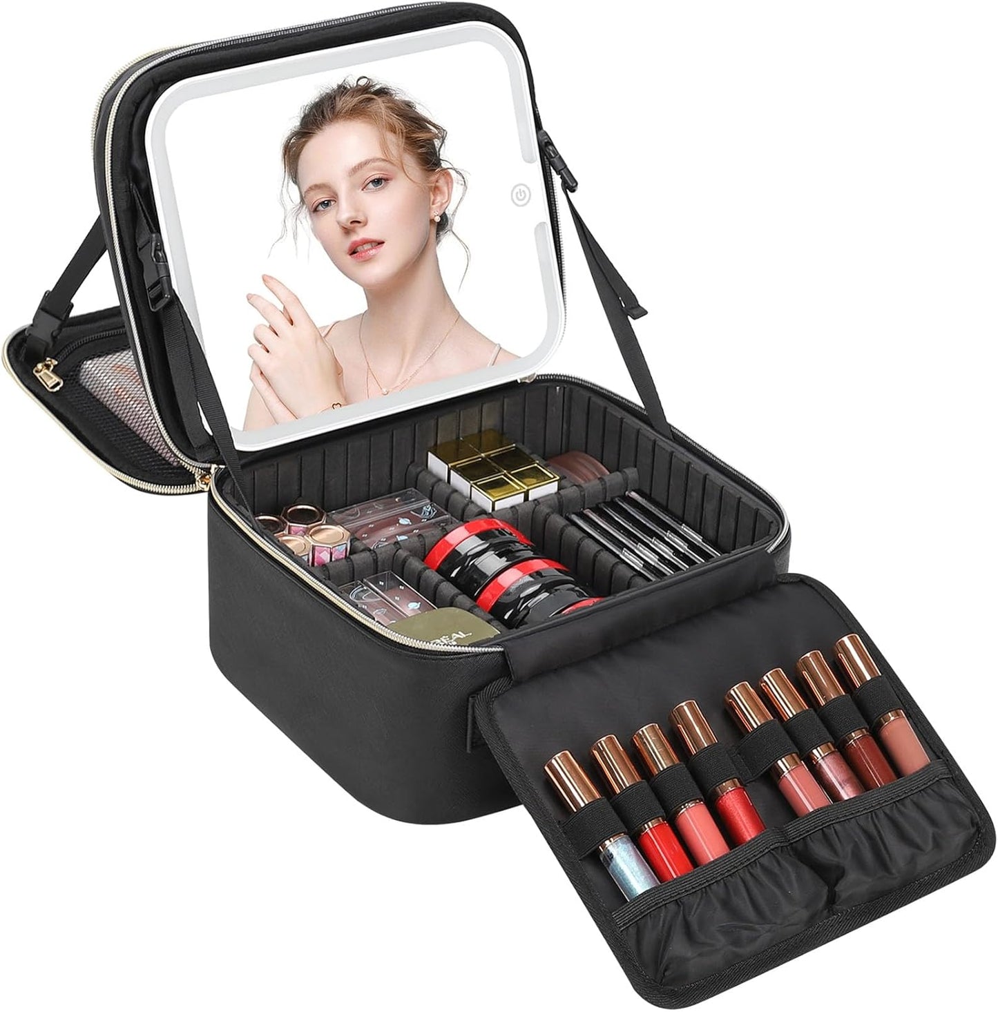 Travel Makeup Bag with LED Mirror Double Layer Makeup Case with Lighted Mirror Dual Layer Cosmetic Train Case Portable Artist Organizer Bag with Dividers and Rechargeable Vanity (Black, Small)