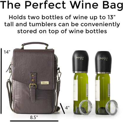 Insulated Leather Wine Bag & 2 Wine Tumblers Set. Leather Wine Bottle Carrier Tote. Wine Gifts For Men. Picnic Bag, Beach Wine Cooler Bag. Airplane Travel Byo Wine Carrier Case Couples Gift