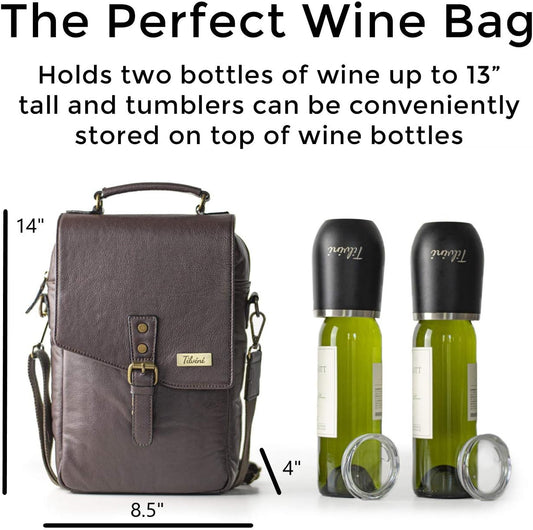 Insulated Leather Wine Bag & 2 Wine Tumblers Set. Leather Wine Bottle Carrier Tote. Wine Gifts For Men. Picnic Bag, Beach Wine Cooler Bag. Airplane Travel Byo Wine Carrier Case Couples Gift