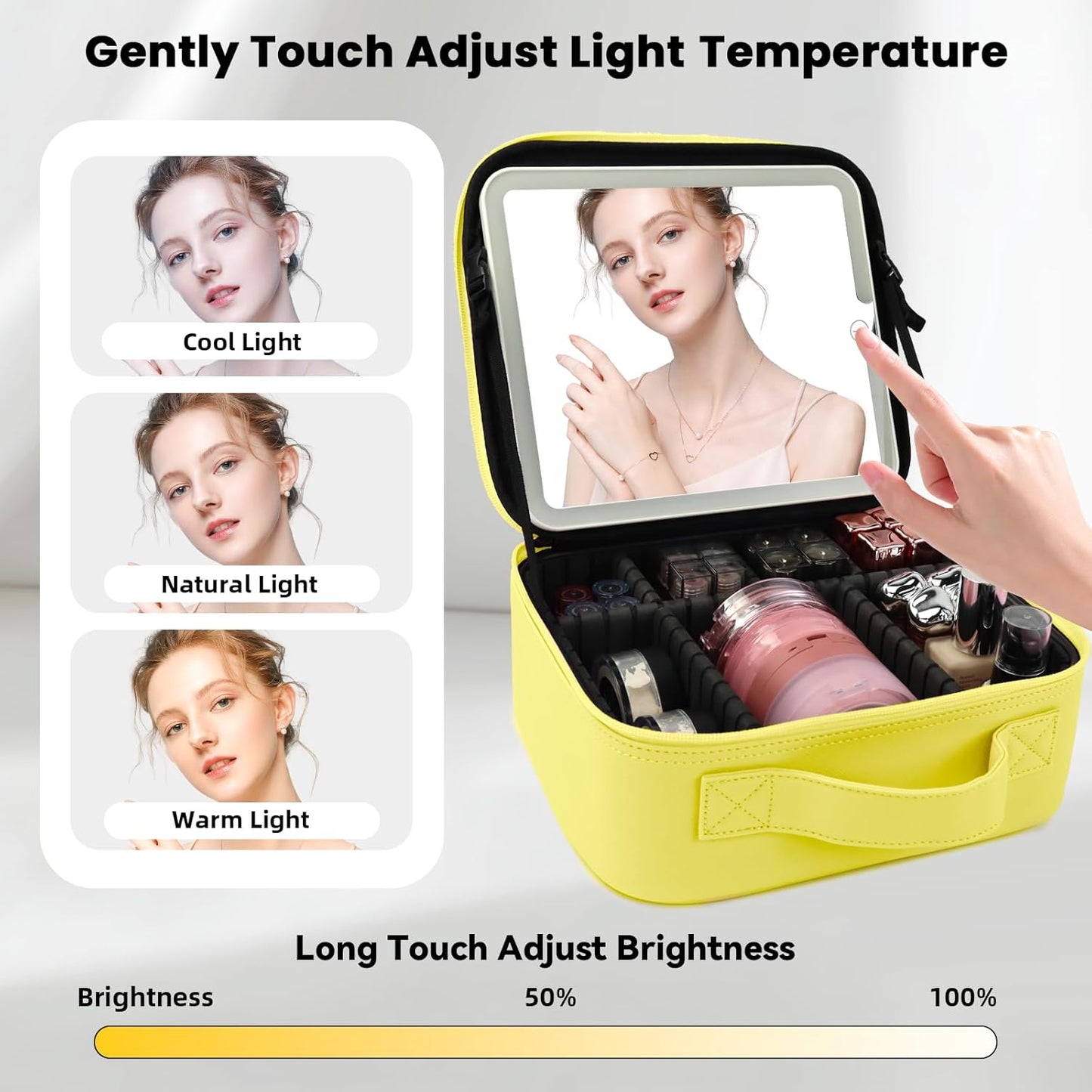 Travel Makeup Bag with LED Mirror and Light Travel Makeup Case Cosmetic Organizer Portable Cosmetic Brush Organizer Bag with Adjustable Dividers for Cosmetics Makeup Brushes Toiletry (Yellow)