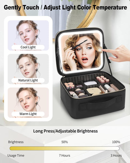 Makeup Bag With LED Mirror, Travel Makeup Case with Light up Mirror Large Cosmetic Case with 3 Color Lighted Portable Organizer Bag with Adjustable Dividers（Black）