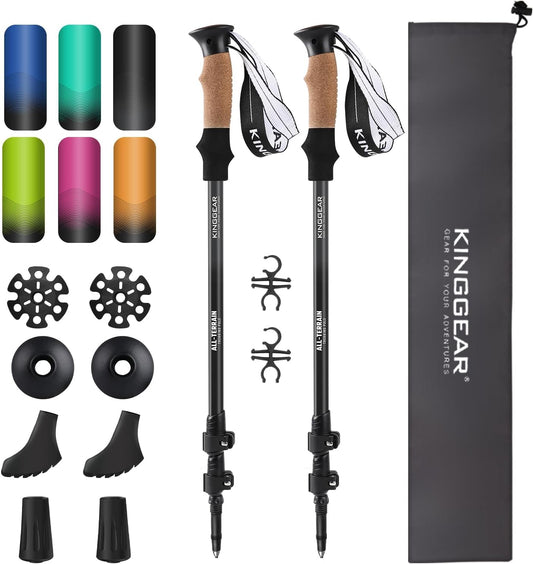 KINGGEAR Nordic Walking Stick, TP1 Hiking Poles Retractable Lightweight 7075 Aluminum, Trekking Poles with Flip Lock, Natural Cork and EVA Grip, 2pc Hiking Gear