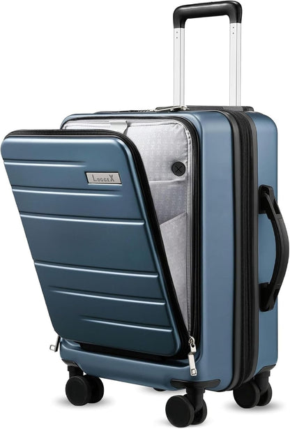 LUGGEX Carry On Luggage 22x14x9 Airline Approved, Polycarbonate Hard Suitcase with Front Pocket (Blue, 20 Inch, 35L)