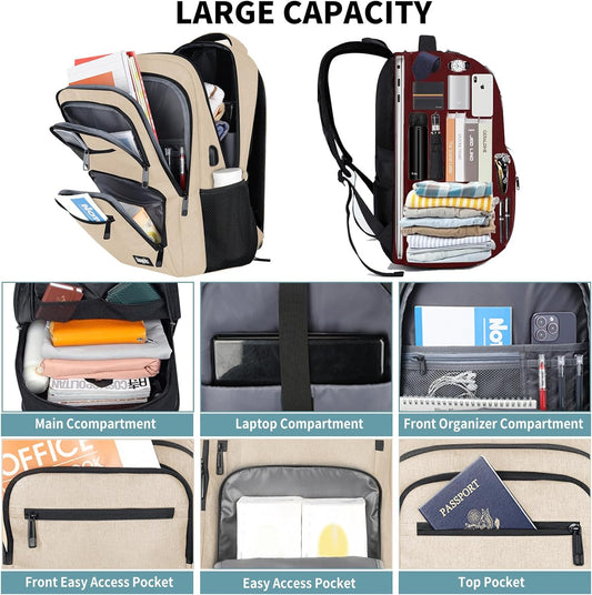 Backpck for Women, School backpacks for Girls Boys Teen, 15.6 inch Laptop Back Packs with USB Charger Port, Mochilas for Business, College, Beige