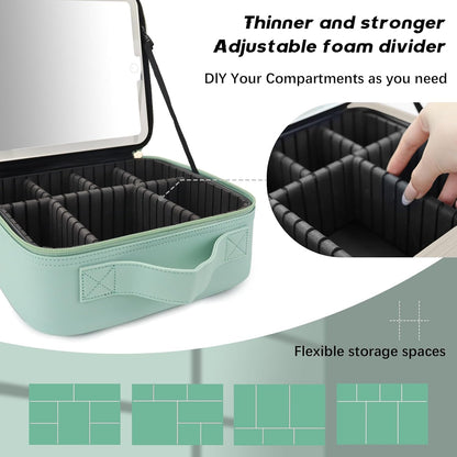 Makeup Bag with Led Mirror,Travel Makeup Organizer with 3 Color Setting, Portable Storage and Adjustable Dividers Travel Makeup Bag(light green)