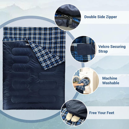 Double Sleeping Bag for Adults Machine Washable 2 Person Camping Sleeping Bag Queen Size Waterproof with Compression Sack for Cold Weather 3-4 Seasons