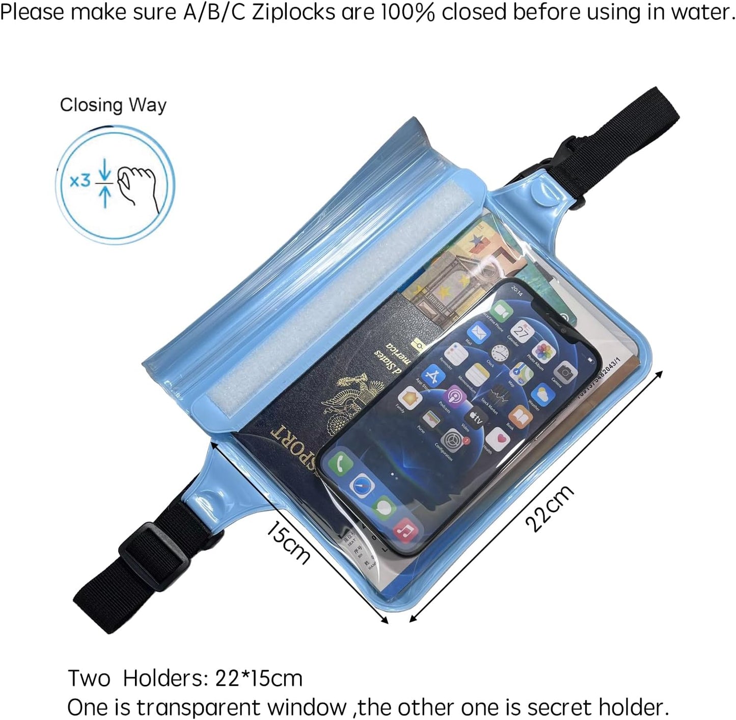 DRLOKPAK Waterproof Waist Bag Pouch Fanny Pack Bum Bag with Secret Holder Keeps Your Phone Kindle Wallet Watch & Valuables Dry - Perfect for Surf Canoe Swim Snorkel Dive Beach Pool(Blue)