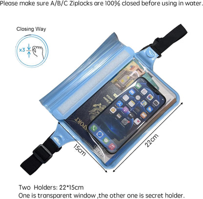 DRLOKPAK Waterproof Waist Bag Pouch Fanny Pack Bum Bag with Secret Holder Keeps Your Phone Kindle Wallet Watch & Valuables Dry - Perfect for Surf Canoe Swim Snorkel Dive Beach Pool(Blue)
