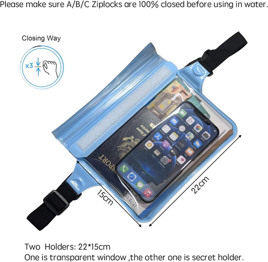 DRLOKPAK Waterproof Waist Bag Pouch Fanny Pack Bum Bag with Secret Holder Keeps Your Phone Kindle Wallet Watch & Valuables Dry - Perfect for Surf Canoe Swim Snorkel Dive Beach Pool(Blue)
