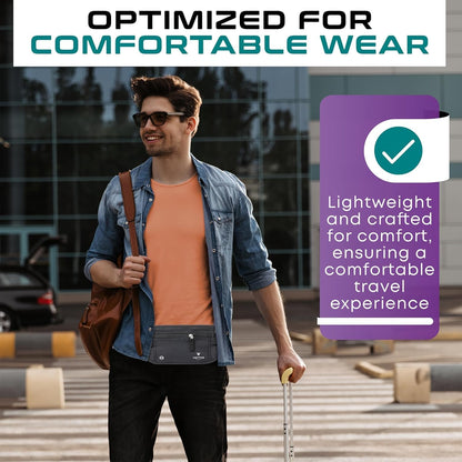 Travel Money Belt & Passport Holder - RFID Blocking Slim Travel Wallet & Fanny Pack for Men and Women - Essential Travel Pouch for Cash, Credit Cards, and Documents (Grey)