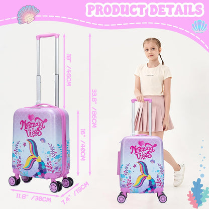Cute Mermaid Kid’s Luggage Set 2 Piece Suitcase Set 16" Hardside Luggage with Spinner Wheels Girls Carry on Toddler Travel Rolling Luggage Airline Approved