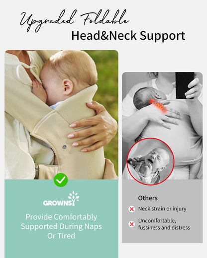 GROWNSY Baby Carrier Newborn to Toddler, Cozy Baby Wraps Carrier, Ergonomic Baby Carrier with Head Support, Cream