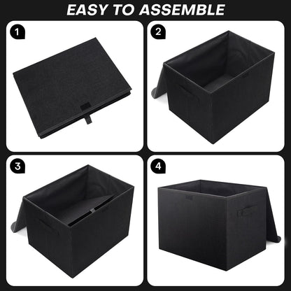 Large 17" 42 Quarts Collapsible Stackable Storage Bins with Lids [3-Pack] Foldable Fabric Linen Storage Boxes Cube, Closet Organizer Baskets with Label (16.7 x 12 x 12", Black)