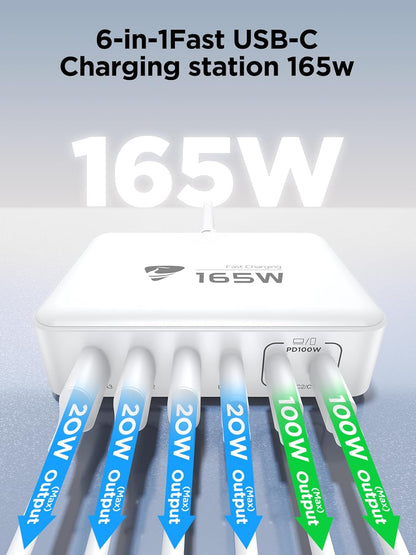 165W USB C Charger Block, 6 Port Multi USB-C Charging Station,100W PD Fast USBC Gan Charger Station Hub Dock for Multiple Devices, Laptop Type C Charge for MacBook/iPhone 16/iPad/Galaxy S25(5FT Cord)