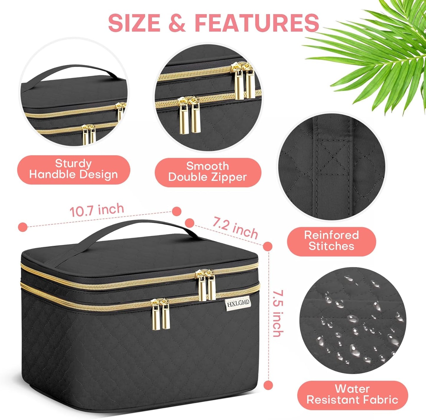 Large Makeup Bag with Mirror Double Layer Travel Make Up Organizer Case, Large Capacity Coemetic Bag with Brush Slot Divider