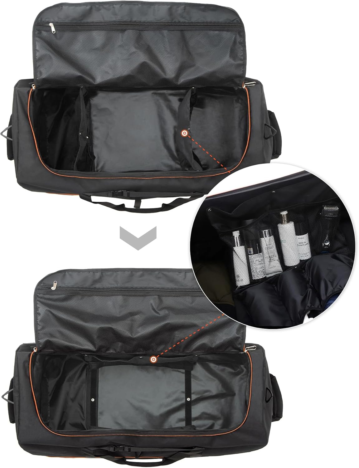 CONTAIL 32”110L Expandable 140L Rolling Duffle Bag with 2 Inline Wheels,Convertible Weekend Travel Bag with Bungee-Cord System,Black-orange