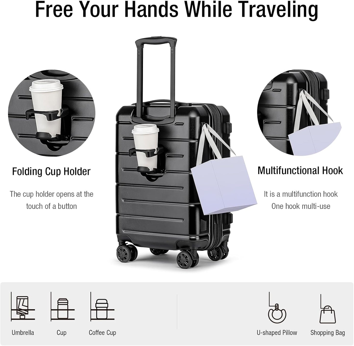 KYME Carry On Luggage 22x14x9 Airline Approved Expandable with Cup Holder 20 Inch Hardshell Carry-On Suitcase with Spinner Wheels TSA Lock Small Lightweight Travel Rolling Luggage Black