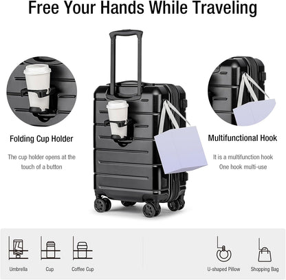 KYME Carry On Luggage 22x14x9 Airline Approved Expandable with Cup Holder 20 Inch Hardshell Carry-On Suitcase with Spinner Wheels TSA Lock Small Lightweight Travel Rolling Luggage Black