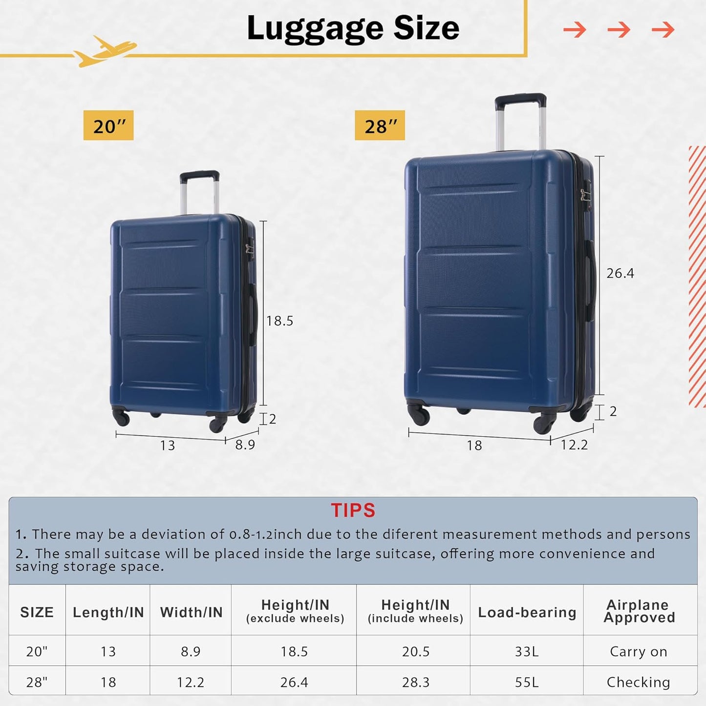 Merax Luggage Set 2 Piece Suitcase Sets with Spinner Wheel,Lightweight Hardside Expandable Travel Laggage with TSA Lock,Suitcase with Travel Bag(20"/28",Blue)