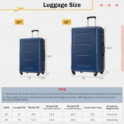 Merax Luggage Set 2 Piece Suitcase Sets with Spinner Wheel,Lightweight Hardside Expandable Travel Laggage with TSA Lock,Suitcase with Travel Bag(20"/28",Blue)